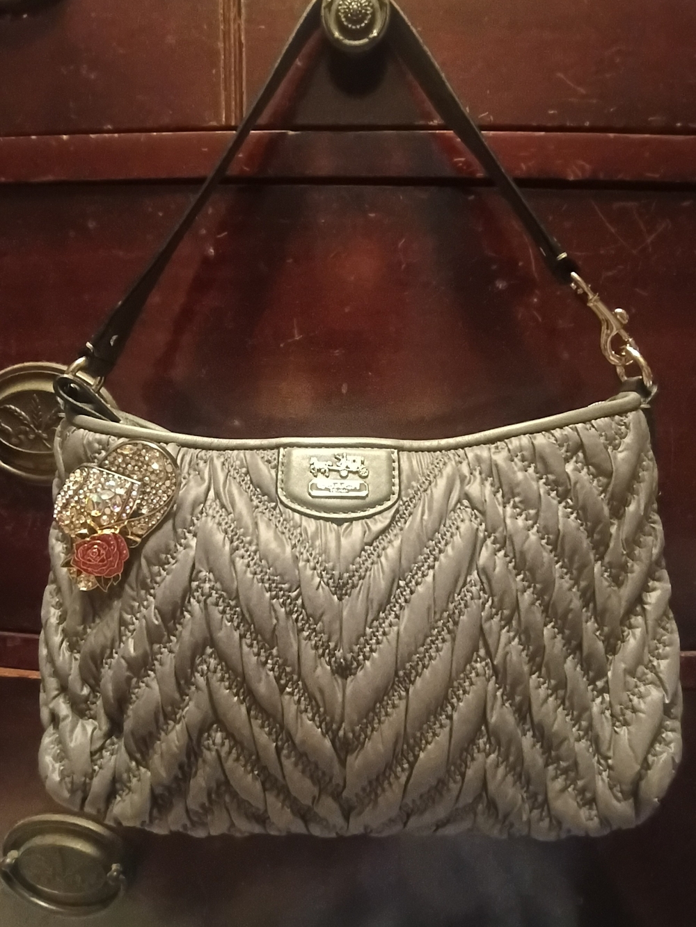 Coach Chevron Quilted Gray Shoulder Bag with Decorative Charm